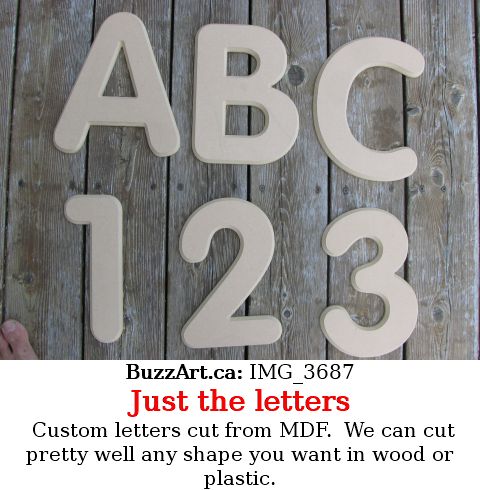 Custom letters cut from MDF.  We can cut pretty well any shape you want in wood or plastic.